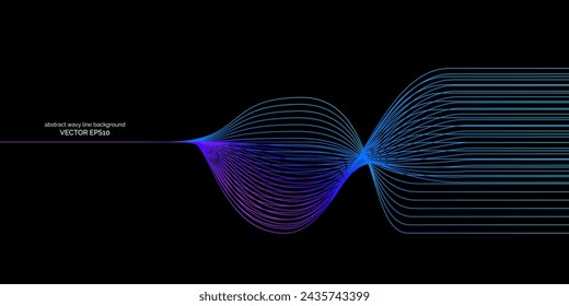 Abstract wavy dynamic blue green violet light lines curve banner on black background in concept technology, neural network, neurology, science, music, neon light.