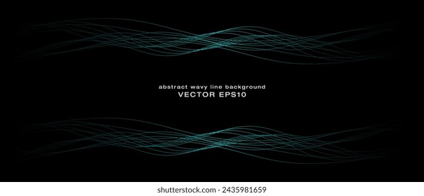 Banner de la curva de las líneas de luz violeta verde azul dinámico ondulado abstracto en el fondo negro en la tecnología del concepto, red neuronal, neurología, ciencia, música, luz de neón.