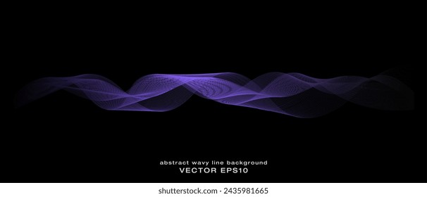 Abstract wavy dynamic blue green violet light lines curve banner on black background in concept technology, neural network, neurology, science, music, neon light.