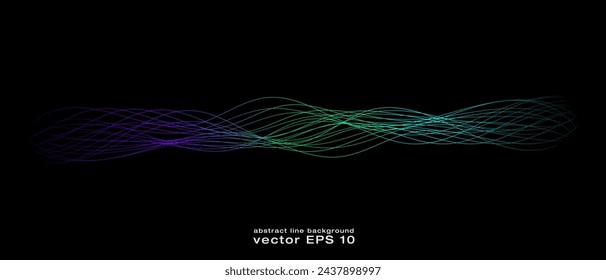 Abstract wavy dynamic blue green violet light lines curve banner on black background in concept technology, neural network, neurology, science, music, neon light