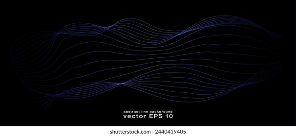 Abstract wavy dynamic blue green violet light lines curve banner on black background in concept technology, neural network, neurology, science, music, neon light