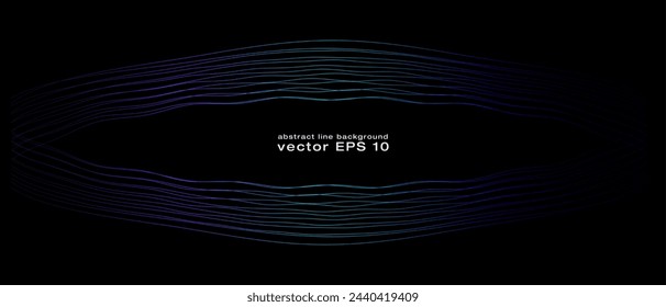 Banner de la curva de las líneas de luz violeta verde azul dinámico ondulado abstracto en el fondo negro en la tecnología del concepto, red neuronal, neurología, ciencia, música, luz de neón