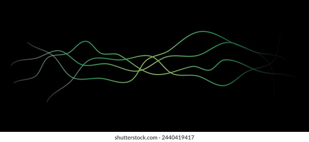 Abstract wavy dynamic blue green violet light lines curve banner on black background in concept technology, neural network, neurology, science, music, neon light