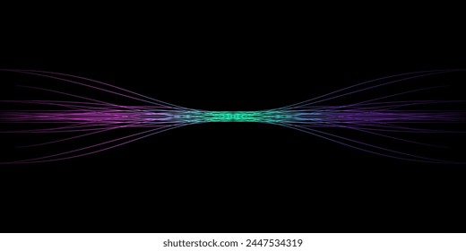 Abstract wavy dynamic blue green violet light lines curve banner on black background in concept technology, neural network, neurology, science, music, neon light