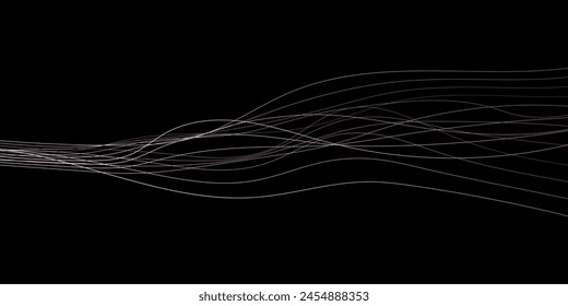 Abstractas ondulado dinámico azul verde violeta líneas de luz curva Anuncio sobre fondo negro en tecnología de concepto, red neuronal, neurología, ciencia, música, luz de neón