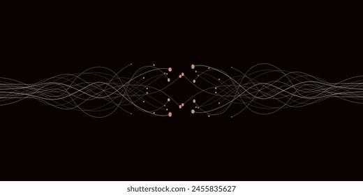 Abstract wavy dynamic blue green violet light lines curve banner on black background in concept technology, neural network, neurology, science, music, neon light