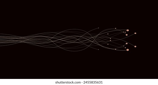 Abstract wavy dynamic blue green violet light lines curve banner on black background in concept technology, neural network, neurology, science, music, neon light