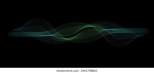 Abstract wavy dynamic blue green violet light lines curve banner on black background in concept technology, neural network, neurology, science, music, neon light