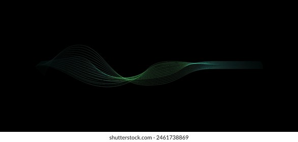 Abstract wavy dynamic blue green violet light lines curve banner on black background in concept technology, neural network, neurology, science, music, neon light