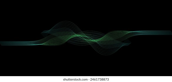 Abstract wavy dynamic blue green violet light lines curve banner on black background in concept technology, neural network, neurology, science, music, neon light