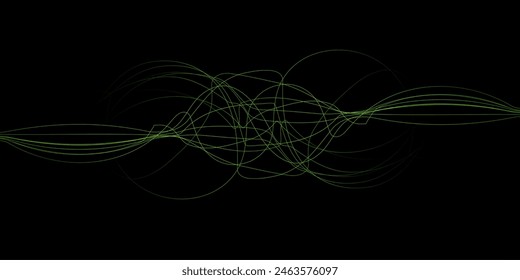 Abstract wavy dynamic blue green violet light lines curve banner on black background in concept technology, neural network, neurology, science, music, neon light