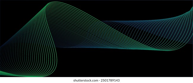 Abstractas ondulado azul dinámico verde violeta líneas de luz curva de Anuncio sobre fondo negro en concepto de tecnología, red neuronal, neurología, ciencia, música, luz de neón