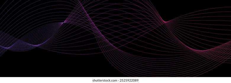 Abstract wavy dynamic blue green violet light lines curve banner on black background in concept technology, neural network, neurology, science, music, neon light