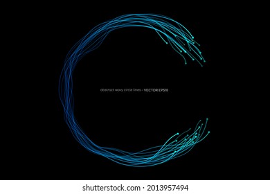 Abstract wavy dynamic blue light lines circle swirl round curve shape isolated on black background in concept technology, neural network, neurology, science.