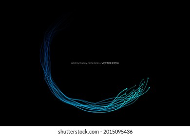 Abstract wavy dynamic blue light lines circle swirl round curve shape isolated on black background in concept technology, neural network, neurology, science.