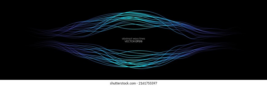 Abstract wavy dynamic blue light lines curve banner with space for text isolated on black background in concept technology, neural network, neurology, science, music.