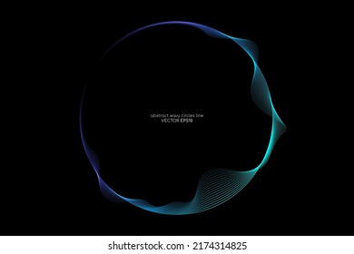 Abstract wavy dynamic blue light lines circle swirl round curve shape isolated on black background in concept technology, neural network, neurology, science.