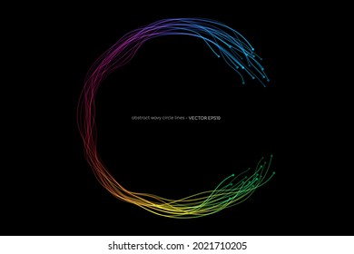 Abstract wavy dynamic spectrum light lines circle swirl round frame isolated on black background in concept technology, neural network, neurology, science, music.