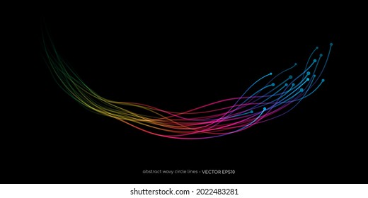 Abstract wavy dynamic spectrum light lines circle swirl round frame isolated on black background in concept technology, neural network, neurology, science, music.