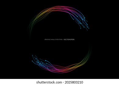 Abstract wavy dynamic spectrum light lines circle swirl round frame isolated on black background in concept technology, neural network, neurology, science, music.