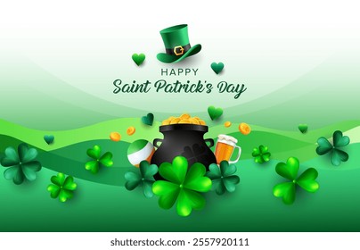 Abstract wavy festive green background for Saint Patrick’s Day with leprechauns green hat, pot of money, gold coins, beer and shamrock leaves. Vector illustration design.