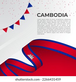 Abstract wavy flag of Cambodia in ribbon style on white background. Design for Independence day, National Day. Vector Illustration