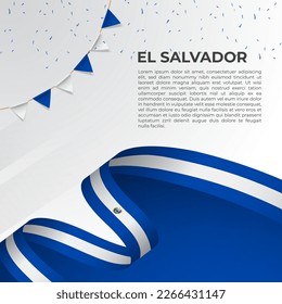 Bandera ondulada abstracta de El Salvador en estilo cinta sobre fondo blanco. Día de la Independencia, Día Nacional. Ilustración vectorial