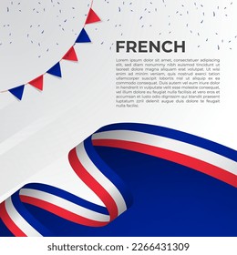 Abstract wavy flag of French in ribbon style on white background. Design for Independence day, National Day. Vector Illustration