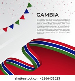 Abstract wavy flag of Gambia in ribbon style on white background. Design for Independence day, National Day. Vector Illustration