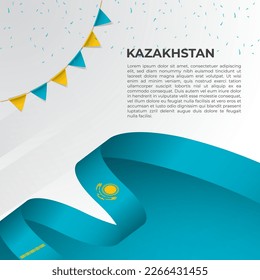 Abstract wavy flag of Kazakhstan in ribbon style on white background. Design for Independence day, National Day. Vector Illustration