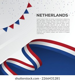 Abstract wavy flag of Netherlands in ribbon style on white background. Design for Independence day, National Day. Vector Illustration
