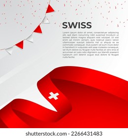 Abstract wavy flag of Switzerland in ribbon style on white background. Design for Independence day, National Day. Vector Illustration