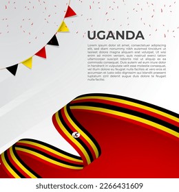 Abstract wavy flag of Uganda in ribbon style on white background. Design for Independence day, National Day. Vector Illustration