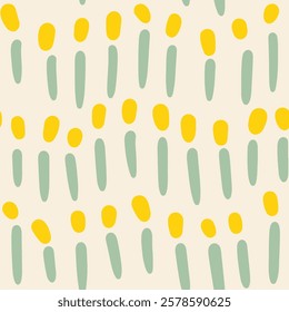 Abstract wavy flowers arranged in horizontal rows in a color palette of yellow and green on off white background. Beautiful floral seamless vector pattern. Great for home decor, fabric, wallpaper,gift