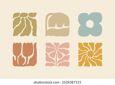 Abstract Wavy Flowers in Groovy Hippie Style. Retro Floral Illustration. Vector Square Botanical Icons in Freehand Naive Art for Logo, Print, Pattern, Poster, Web Design