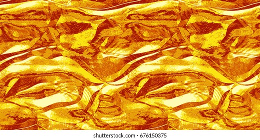 Abstract wavy flowing background resembling molten metal. Red, orange and gold hot rippling pattern with waves
