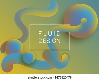 Abstract wavy fluid and spherical gradient shapes banner template. 3d motion concept background, spheres and curve shapes flow. Gradient fluid elements organic design. Science wallpaper graphics.