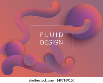 Abstract wavy fluid and spherical gradient shapes banner template. 3d motion concept background, bubbles and curve shapes flow. Gradient fluid elements organic design. Techno style for web.