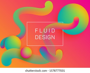 Abstract wavy fluid and spherical gradient shapes flyer backdrop. 3d motion concept background, bubbles and curve shapes flow. Gradient fluid elements future design. Techno style for web.