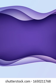 Abstract wavy flyer in paper cut style. Mysterious gradient purple background. Vector fashionable composition of colored shapes cut out of paper. 3D Paper carve card. Modern origami design template.