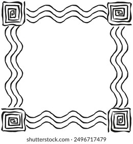 Abstract wavy frame. Hand drawn vector border. Black sketchy design. Geometric square corners.