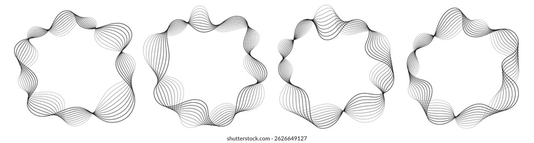 Abstract wavy frames set, black flowing borders isolated on white.