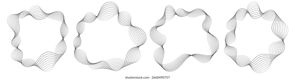 Abstract wavy frames set, black flowing borders isolated on white.