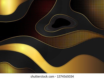 Abstract wavy geometric 3D dynamic background with halftone texture. Black and gold colors. A trendy fluid gradient forms the composition of a modern concept. Vector illustration