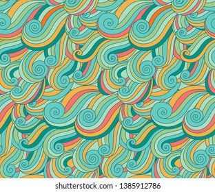 Abstract wavy geometric shapes background. Vector surfing wave seamless pattern. Ocean tides wallpaper. Relaxing zentangle adult coloring sea waves illustration.