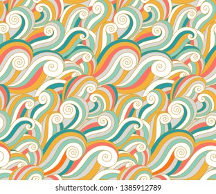 Abstract wavy geometric shapes background. Vector surfing wave seamless pattern. Ocean tides wallpaper. Relaxing zentangle adult coloring sea waves illustration.