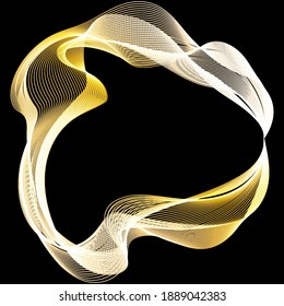 Abstract wavy gold frame on black background.