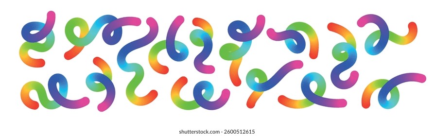 Abstract wavy gradient background with colorful squiggle lines, neon ribbon shapes, fluid swirl pattern, and curved 3D design elements. Flat vector illustration isolated on white background.