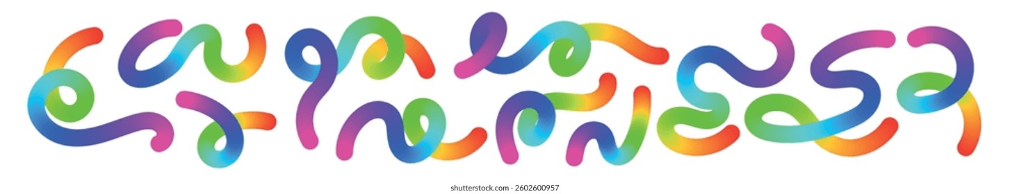 Abstract wavy gradient lines with playful squiggle shapes, colorful ribbon elements, geometric doodle pattern, and fluid 3D design. Flat vector illustration isolated on white background.