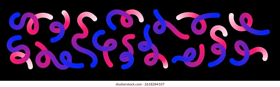 Abstract wavy gradient lines with playful squiggle shapes, colorful ribbon elements, geometric doodle pattern, and fluid 3D design. Flat vector illustration isolated on white background..